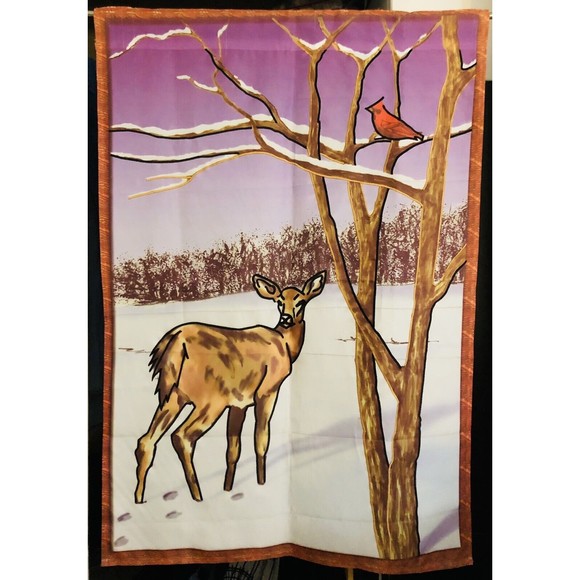 VTG Nylon Deer Fawn Cardinal Large House Porch Lawn Flag Banner approx 27”x 38” - Picture 11 of 11